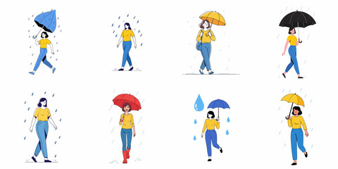 Fototapeta premium Set of illustrations showing young women walking in the rain, some protected by colorful umbrellas, others soaked, representing diverse weather conditions and moods.