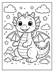 Fototapeta premium Happy cartoon baby dragon illustration ready for coloring practice among simple clouds and mountains.