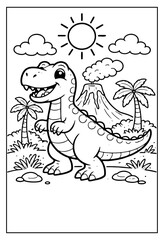 a friendly cartoon T-Rex standing in a prehistoric landscape, featuring an erupting volcano, palm trees, and a bright sun. It is designed as a simple line-art coloring activity for children. © Hokyubi