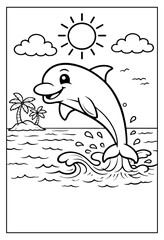 A cheerful coloring page featuring a happy dolphin leaping high out of the splashing ocean waves, with a tropical island, palm trees, fluffy clouds, and a bright sun in the background. © Hokyubi