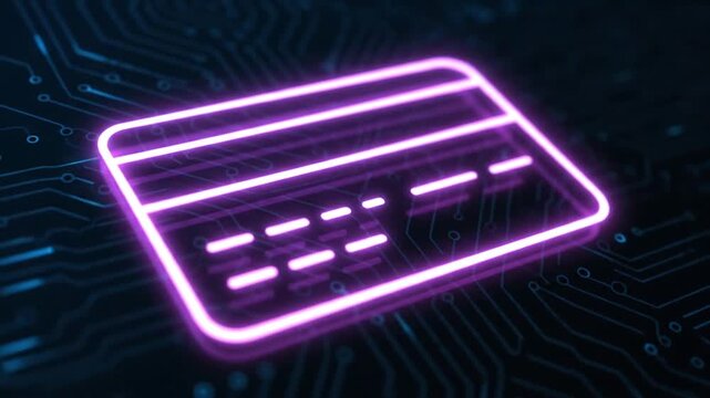 Glowing Neon Card Illuminates Futuristic Fintech Concept in a Dark Background.