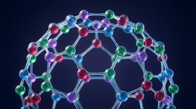 Futuristic 3D Fullerene Molecular Structure. Colorful Atoms and Chemical Bonds Network Abstractly Representing Science, Nanotechnology, Medicine, and Connectivity.