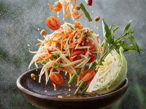 Dynamic studio shot of Som Tum, the classic spicy Thai green papaya salad, dramatically suspended above a dark rustic bowl. Ingredients like shredded papaya, tomatoes, peanuts, and dried shrimp are fl