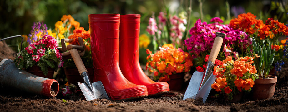 gardening background with colorful flowers, garden tools, and yellow rain boots on the ground on a sunny day