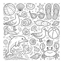 Fototapeta premium Delightful beach scene featuring sea creatures and summer essentials in a playful line art style, perfect for adding a touch of coastal charm to your projects