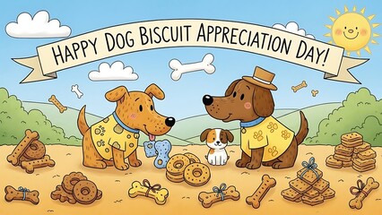 Obraz premium Cartoon dogs celebrating happy dog biscuit appreciation day with treats