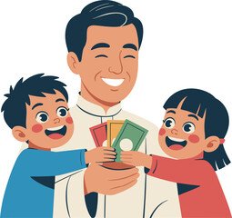 Obraz premium Happy Muslim Father Giving Eidiyah Money to Children, Cheerful Dad with Son and Daughter Celebrating Eid Mubarak Tradition Vector Illustration