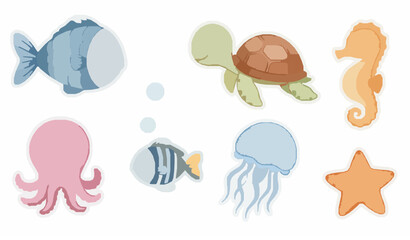 Cute watercolor sea creature cartoon set ocean animals friendly marine life vector illustration isolated on transparent background © Rubina