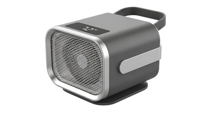 Fototapeta premium Portable bluetooth speaker with silver accents and handle on white background for outdoor use