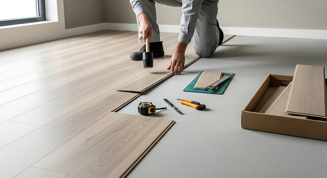 Craftsman installing laminate flooring with precision in modern house