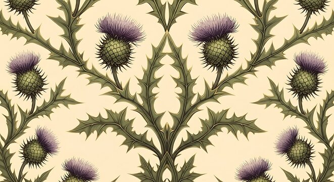 Elegant stylized thistle blossom repeat pattern on a beige background
