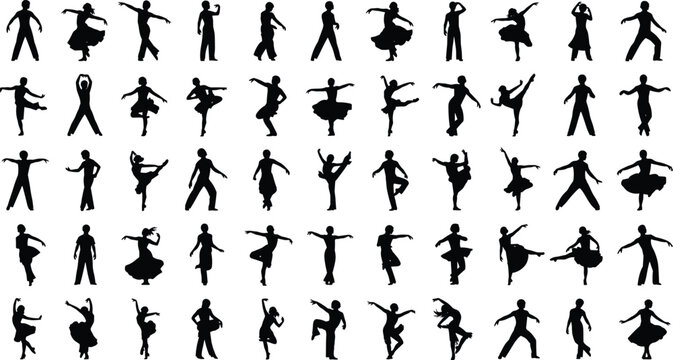 Large collection of black dancing silhouettes, boys and girls dancers in various poses, isolated on white background, vector illustration set