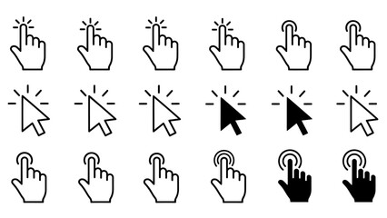 Collection of computer cursor icons and clicking hand pointers on white background.