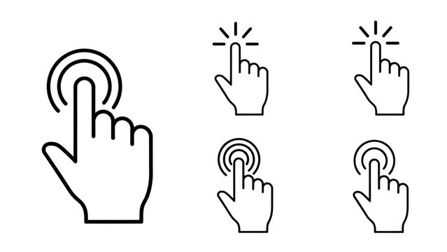 Set of vector hand click icons depicting multiple tap gestures for user interface design.