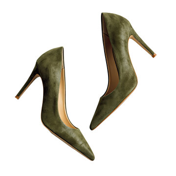 Two elegant olive green pointed-toe high-heel pumps with stiletto heels on black