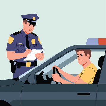 Police Officer Writing a Traffic Ticket for Driver in Car, Law Enforcement Professional Performing Roadside Inspection Vector Illustration