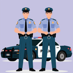 Two Friendly Police Officers Standing in Front of Patrol Car, Law Enforcement Professional Characters for Community Safety Vector Illustration © Kamrun