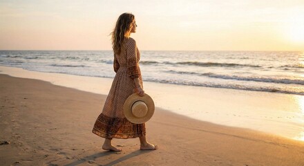 Woman Walking on Beach at Sunset