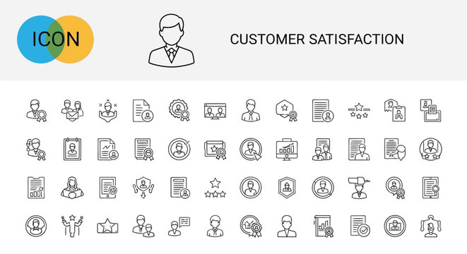 Customer satisfaction icon set with various business and support line illustrations