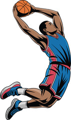 Professional Basketball Player Character Slam Dunk Action, Comic Book Style Vector Illustration of Athlete Jumping with Ball © Kamrun