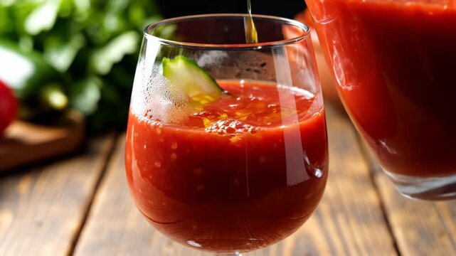 Fresh Tomato Gazpacho Pouring Into Glass With Cucumber 4K Video