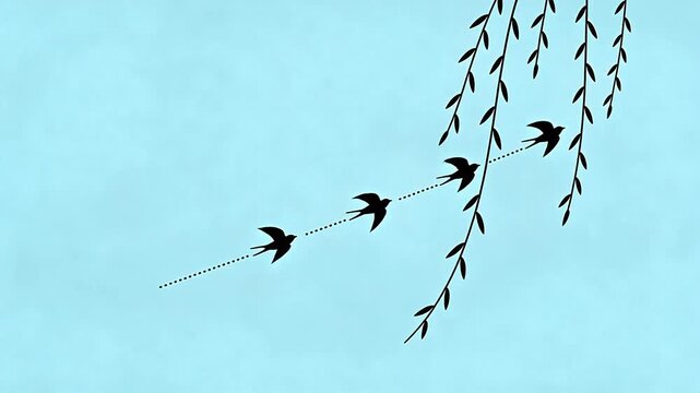 Black swallows flying past weeping willow branches in blue sky