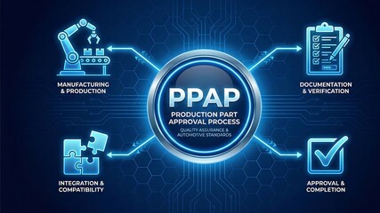 PPAP acronym, Production Part Approval Process concept, standardized process used in the automotive and other manufacturing industries. ai
