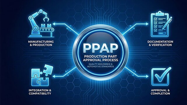 PPAP acronym, Production Part Approval Process concept, standardized process used in the automotive and other manufacturing industries. ai
