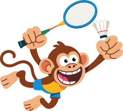 Vector Illustration of a Happy Smiling Monkey Character Playing Badminton with a Racket and a Shuttlecock Birdie