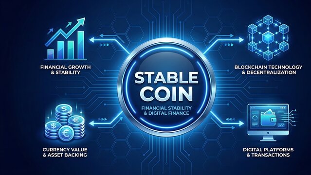 stablecoin tech concept.A type of cryptocurrency designed to maintain a stable value by being pegged to a reserve asset like the US dollar. ai