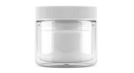 Clear glass jar with a white ribbed lid, showcasing a blank white label for cosmetic cream or product mockups.