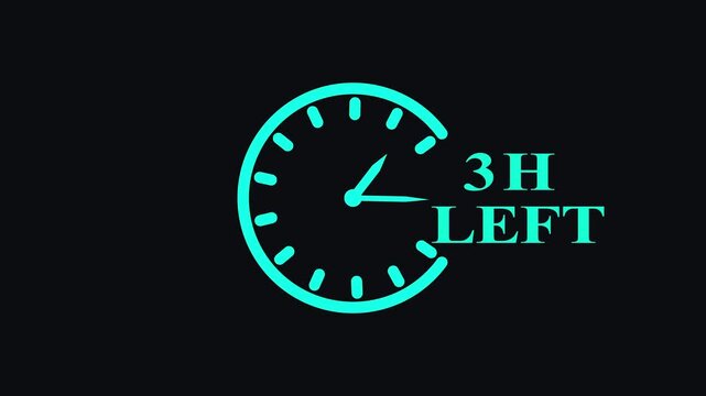  3 Hours Left Countdown Timer Animation. Clock with moving arrows. Clock countdown for deadline and urgency concept.