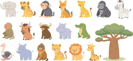 Cute African Safari Animal Vector Icon Set featuring Lion, Giraffe, Elephant, Zebra, and Savannah Wildlife Characters for Children Education, Nursery Decor, and Nature Illustrations © MdIbrahimIslam
