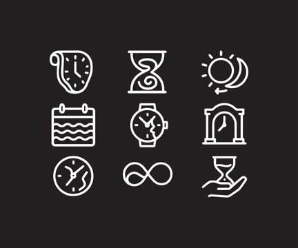 Monochrome Line Art Icons Representing Various Concepts of Time