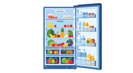 Well organized open blue refrigerator stocked with fresh fruits, vegetables, dairy products, and bottled beverages.