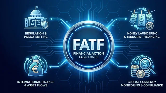 FATF acronym, financial act task force concept, intergovernmental organization established to combat money laundering, terrorist financing, and other threats to the integrity vector illustration