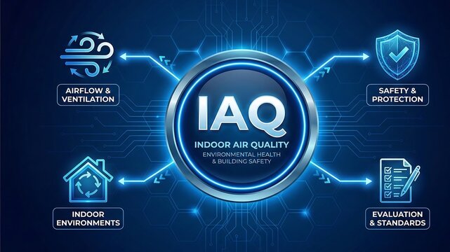 IAQ Indoor air quality concept for monitoring and avoiding pollution in blue background with house, air, checklist and check icons new ai