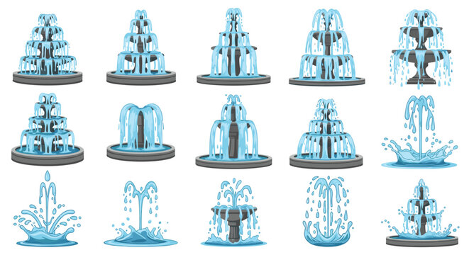 Collection of various water fountain designs with multiple tiers stone basins and falling water for garden landscaping.