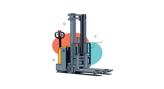 Modern electric pallet stacker forklift illustration in grey and yellow colors for warehouse logistics and handling.