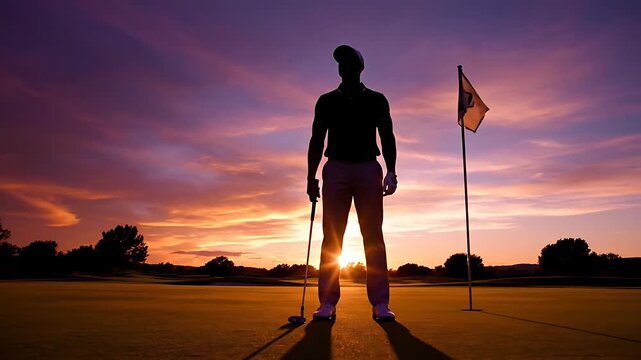 Golfer standing on green with flagstick at sunset on golf course
