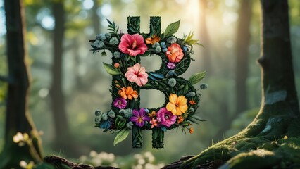 Floral Bitcoin symbol in a sunlit forest
