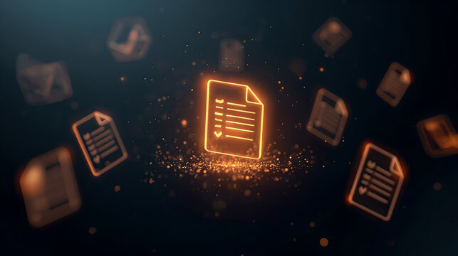 Digital document or checklist icon glowing in orange with floating particles