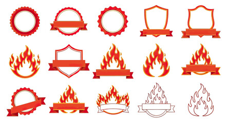Collection of fiery badges and emblems with various shapes and ribbons.