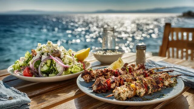 Greek food concept with farmer salad and souvlaki skewer by sparkling blue aegean sea in summer, outdoor seaside dining with copy space