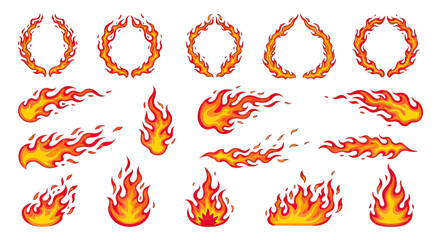 Collection of various fire elements including flames, fiery wreaths, and burning streaks.