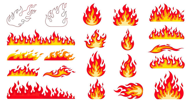 Collection of various fire and flame illustrations, depicting different shapes and intensities of burning elements.