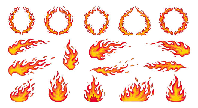Collection of various fire elements including flames, fiery wreaths, and burning streaks.