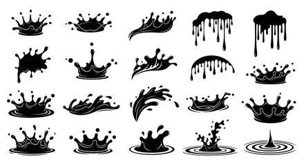 Set of black liquid splashes and drips, various shapes and sizes, isolated on white background.