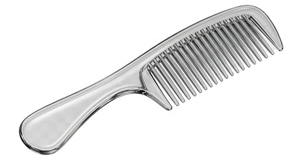 Wide tooth silver metal comb with handle on white background for hair care and styling