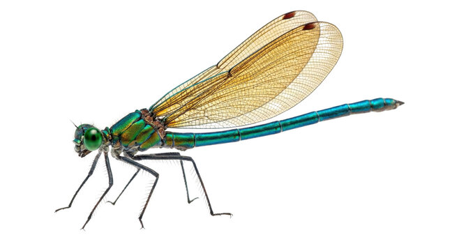 Metallic green and blue dragonfly with translucent golden wings on a white background, side view